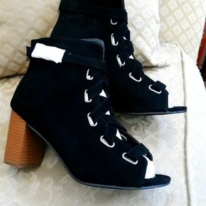 Black Faux Suede Peep Toe Booties with back zipper